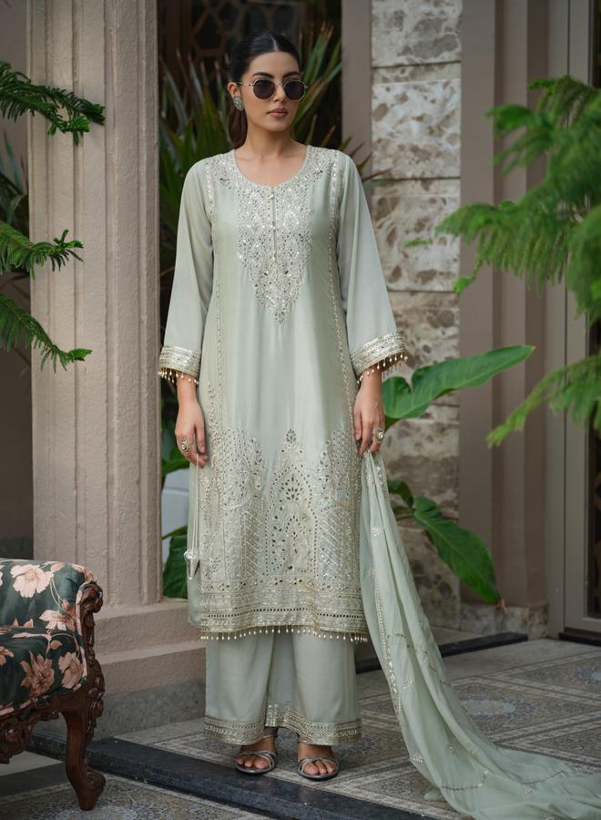 دي دبليو طقم كورتا مستقيمة مطرزة بالأزهار مع بنطال بالازو ودوباتا للنساء - Image 4